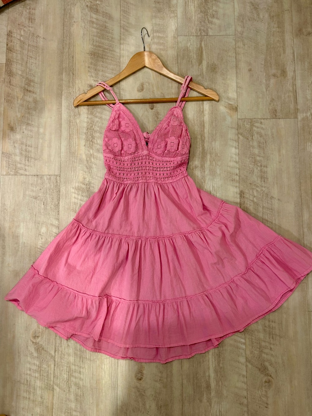 Pink Crochet Bodice Tiered Mini Dress - Women's Summer Dress